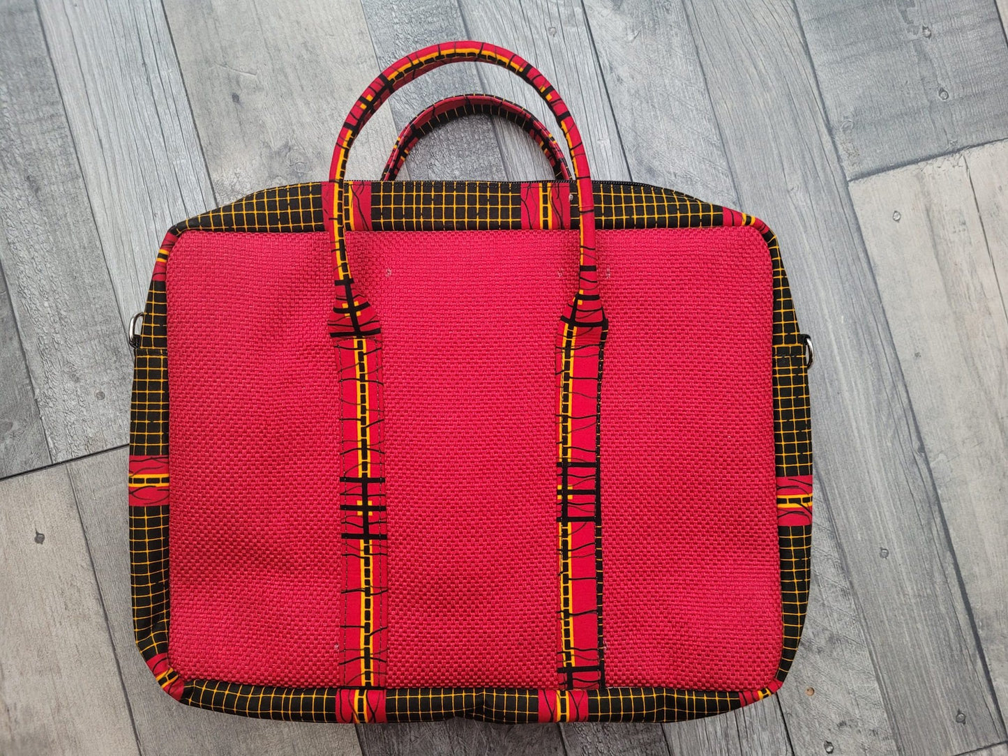 African Laptop Bag - Red Raffia/Black & Yellow Squares