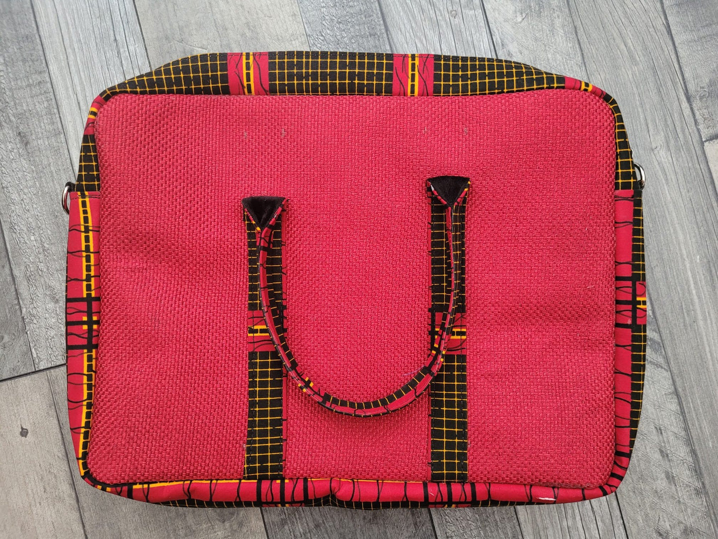 African Laptop Bag - Red Raffia/Black & Yellow Squares